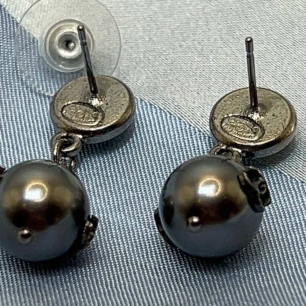 Chanel Silver Crystal and CC Pearl Drop Earrings